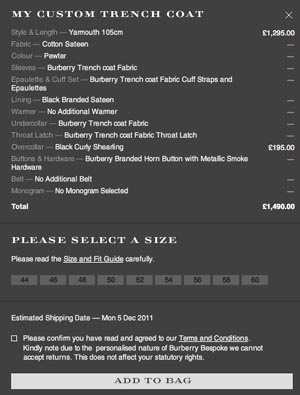 Burberry Bespoke Checkout and Sizing