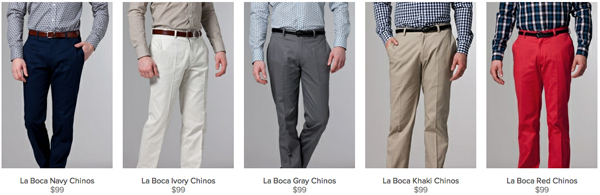 A few of Indochino's current pants selection