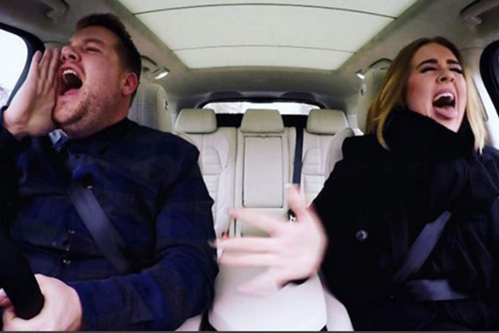 James Corden and Adele doing Carpool Karaoke