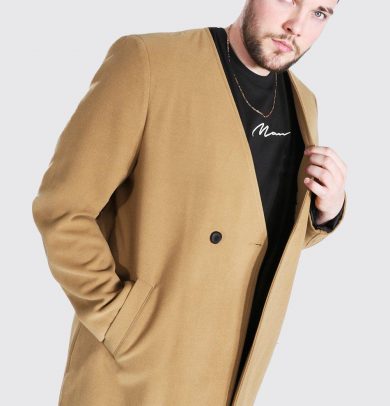 Mens Plus Size Smart Collarless 2 Button Overcoat - Beige