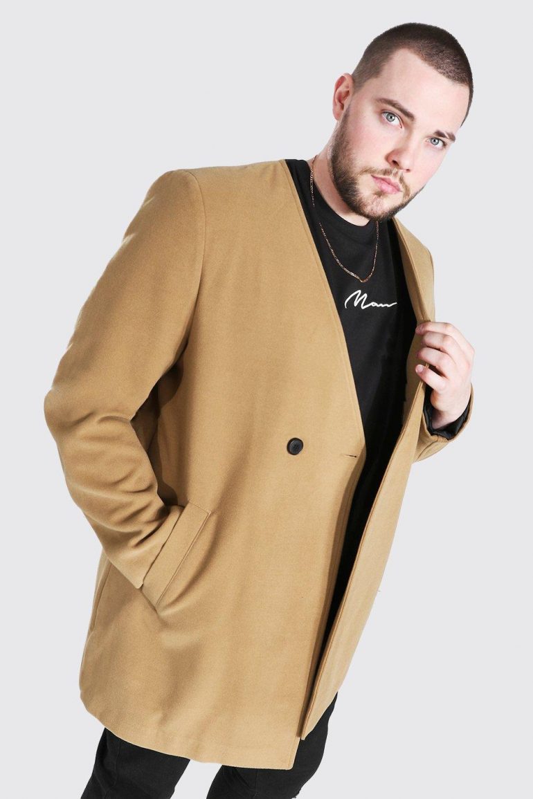 Mens Plus Size Smart Collarless 2 Button Overcoat - Beige