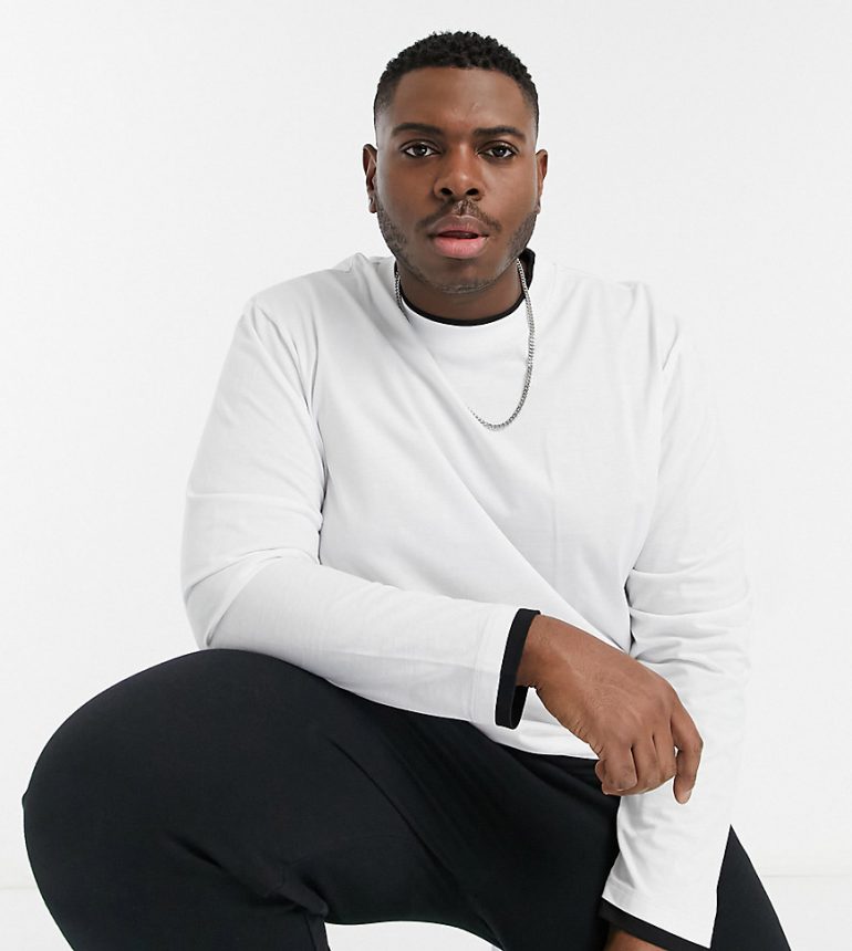 ASOS DESIGN Plus long sleeve relaxed double layer t-shirt in white & black