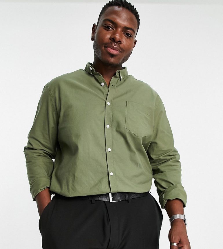 New Look Plus long sleeve organic cotton oxford shirt in khaki-Green