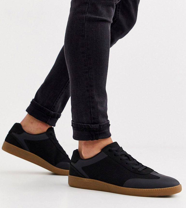 ASOS DESIGN Wide Fit lace up sneakers in black faux suede with gum sole