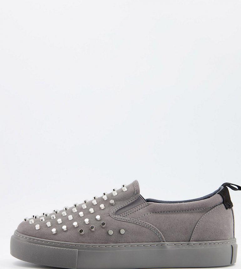 ASOS DESIGN Wide Fit slip on canvas sneakers in gray with metal studs-Grey