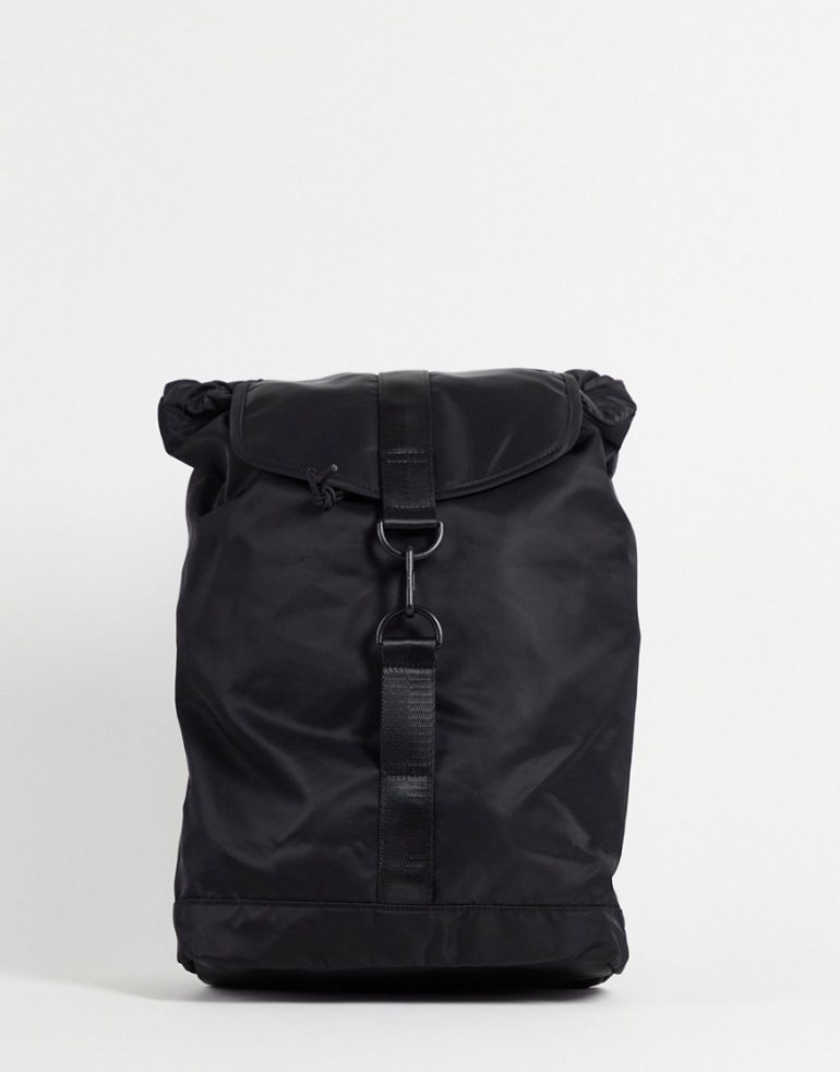 ASOS DESIGN backpack with front carabiner clip detail in black nylon