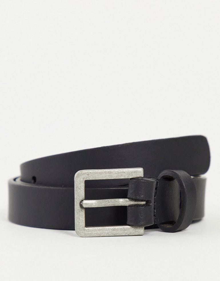 ASOS DESIGN leather skinny belt in black with silver buckle