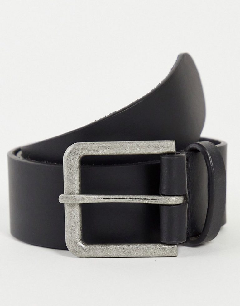 ASOS DESIGN leather wide belt in black with antique silver buckle