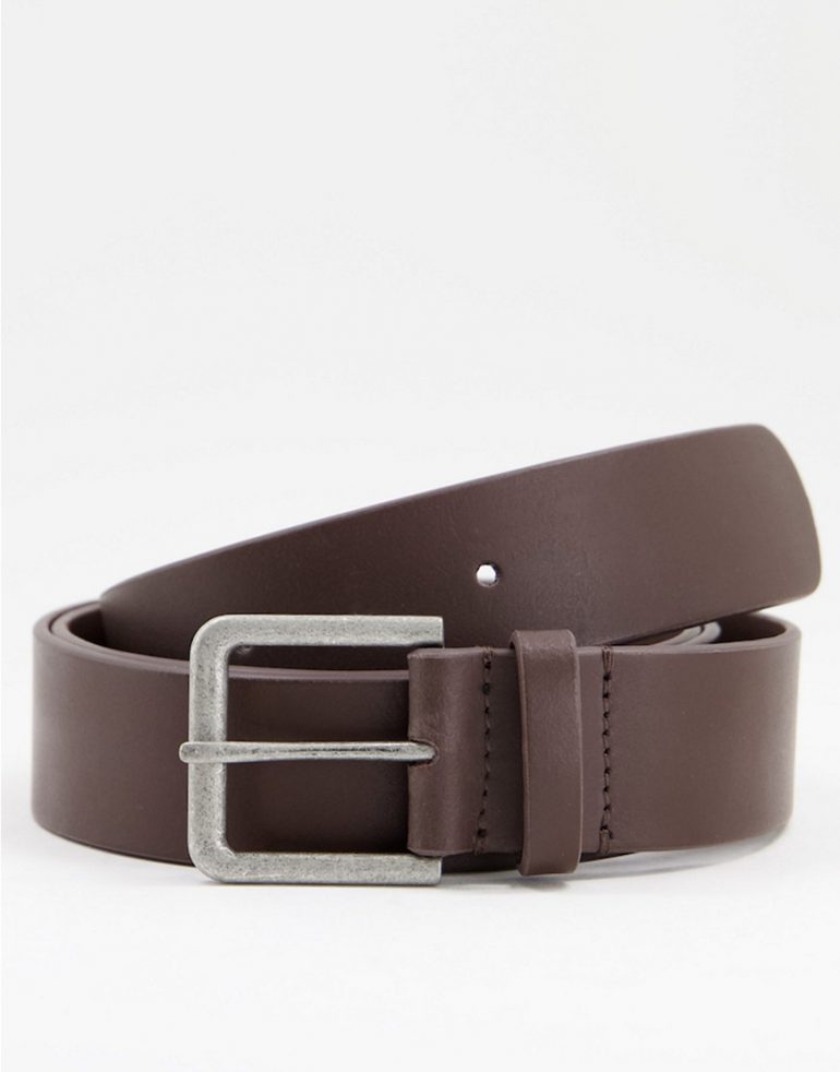ASOS DESIGN leather wide belt in brown with antique silver buckle