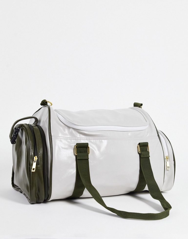 ASOS DESIGN retro sports holdall bag in stone and khaki faux leather-Multi