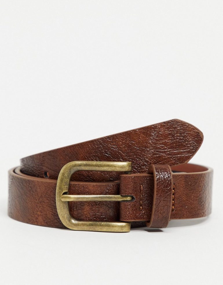 ASOS DESIGN skinny belt in vintage tan faux leather with antique gold buckle-Brown