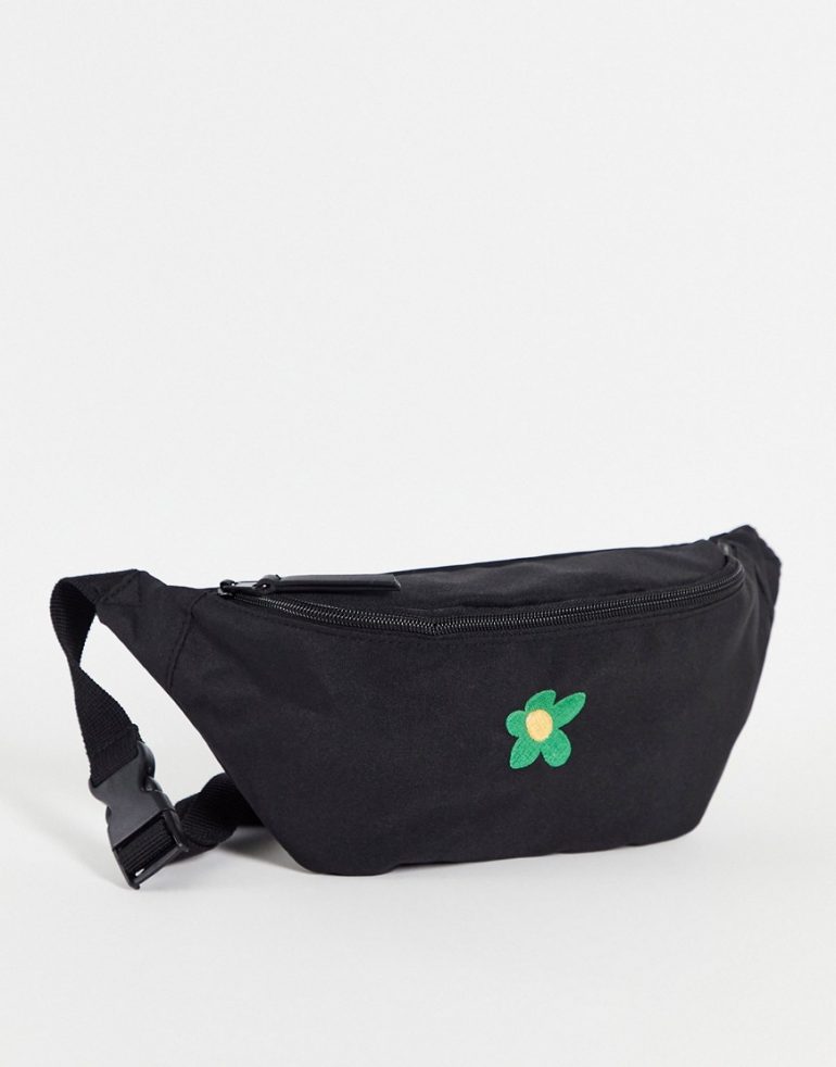 ASOS DESIGN cross body fanny pack in black with flower embroidery