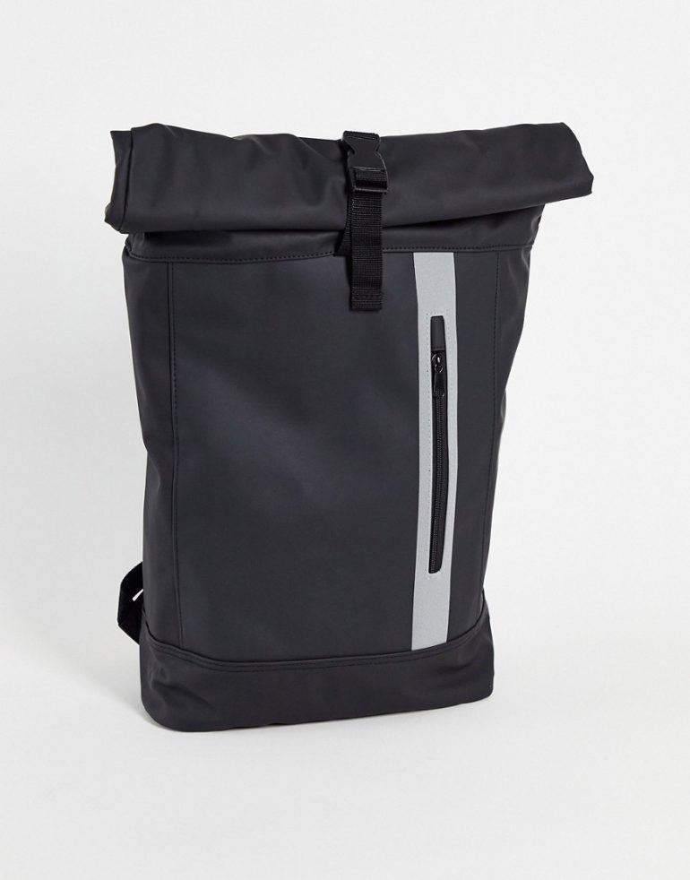 ASOS DESIGN roll top backpack in black rubberized finish and reflective zip detail 20 Liters