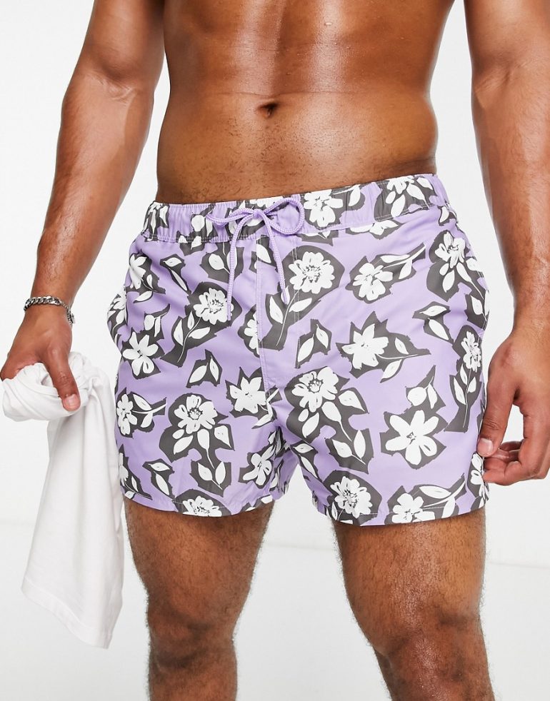 ASOS DESIGN swim shorts in floral print in short length-Purple
