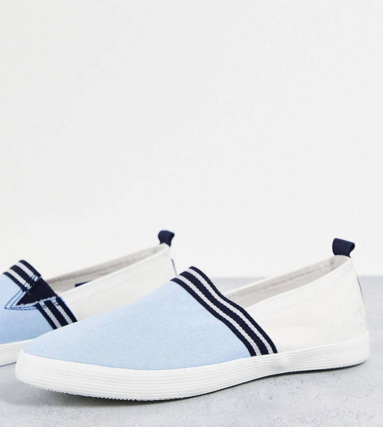 Original Penguin wide fit slip on canvas sneakers in blue/white