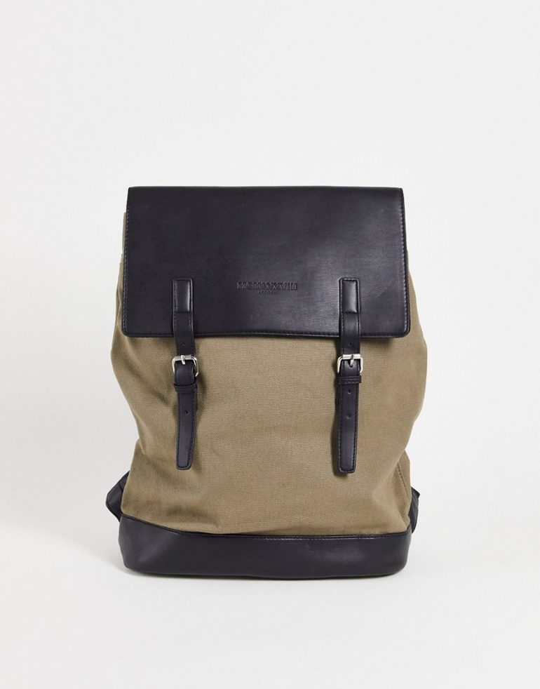 Topman canvas and pu rucksack in stone-Neutral