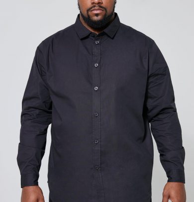 Mens Plus Long Sleeve Cutaway Collar Poplin Shirt - Black
