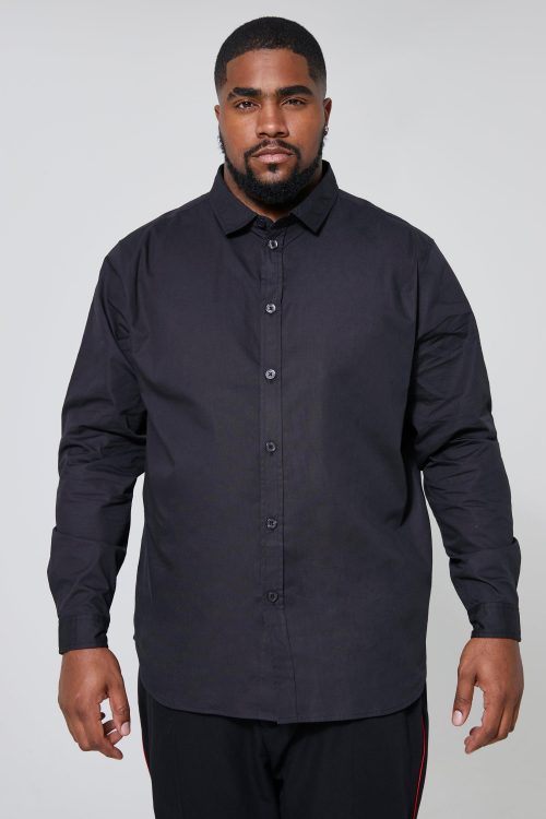 Mens Plus Long Sleeve Cutaway Collar Poplin Shirt - Black