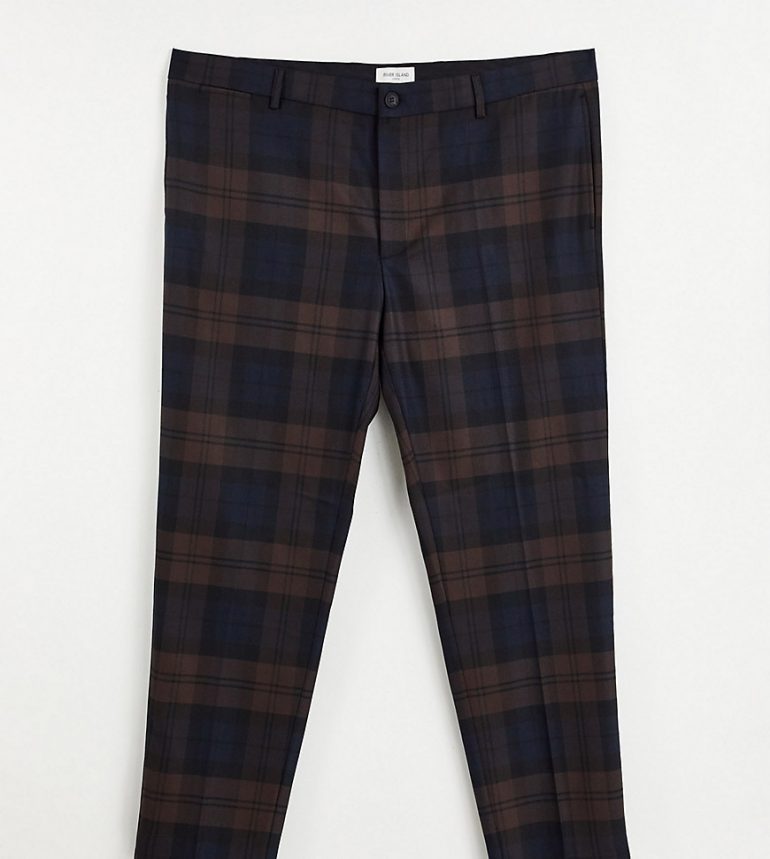 River Island Big & Tall slim smart pants in brown and navy check