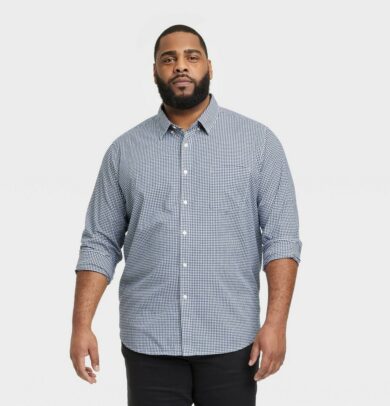 Men's Big & Tall Every Wear Long Sleeve Button-Down Shirt - Goodfellow & Co Navy Gingham MT, Blue Gingham