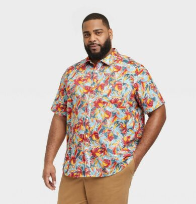 Men's Big & Tall Short Sleeve Button-Down Shirt - Goodfellow & Co Painterly Palm Leaves MT