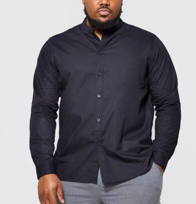 Mens Plus Long Sleeve Grandad Collar Poplin Shirt - Black