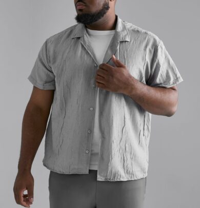 Mens Plus Short Sleeve Boxy Revere Crinkle Shirt - Grey