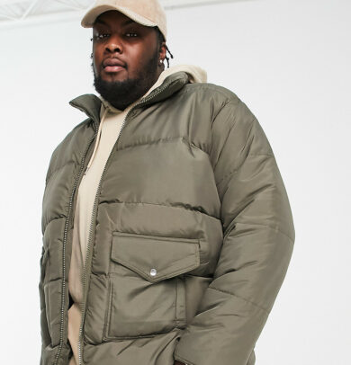 Another Influence Plus utility puffer jacket in khaki-Green