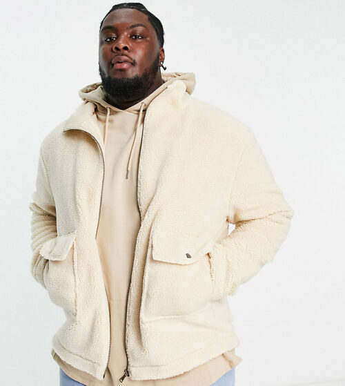 Le Breve Plus funnel neck borg jacket with pockets in beige-Neutral