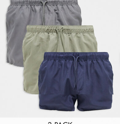 ASOS DESIGN 3-pack swim shorts in short length in light khaki/gray/indigo - SAVE!-Multi