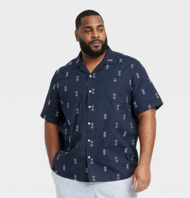 Men's Big & Tall Casual Fit Short Sleeve Embroidery Button-Down Shirt - Goodfellow & Co™ Blue/Polka Dot MT