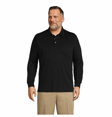 Men's Big Long Sleeve Super Soft Supima Polo Shirt with Pocket - Lands' End - Black - L