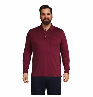 Men's Big Long Sleeve Super Soft Supima Polo Shirt with Pocket - Lands' End - Red - 2