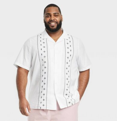 Men's Big & Tall Casual Fit Short Sleeve Embroidery Button-Down Shirt - Goodfellow & Co™ White/Polka Dot MT