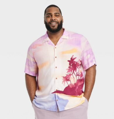 Men's Big & Tall Short Sleeve Button-Down Camp Shirt - Goodfellow & Co™ Lilac Purple/Tree MT