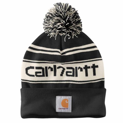 Carhartt Knit Pom-Pom Cuffed Logo Beanie | BlackWinter White Marl