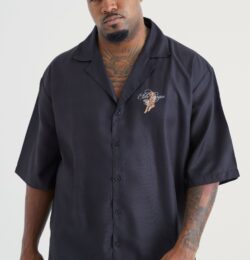 Mens Plus Dropped Revere Slub Tiger Back Print Shirt - Black