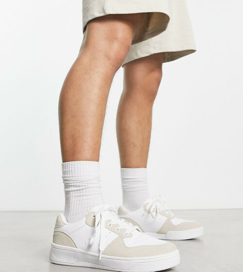 Truffle Collection wide fit lace up sneakers in oat mix-White