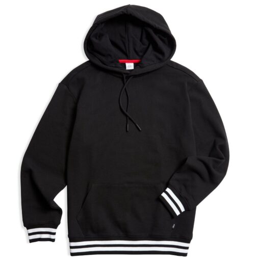 French Terry Pullover Hoodie LC - Black with Striped Rib