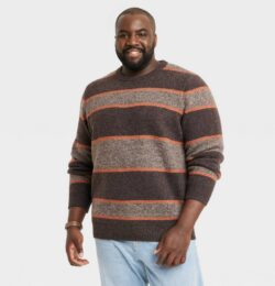 Men's Big & Tall Striped Ribbed Hem Crewneck Pullover Sweater - Goodfellow & Co™ Brown MT
