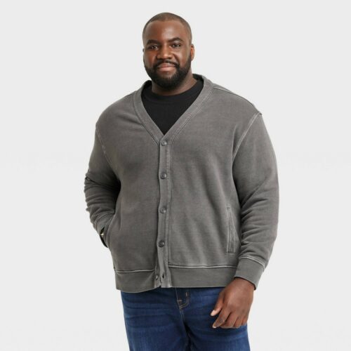 Men's Big & Tall V-Neck French Terry Cardigan - Goodfellow & Co™ Charcoal Gray MT