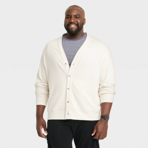 Men's Big & Tall V-Neck French Terry Cardigan - Goodfellow & Co™ Ivory MT