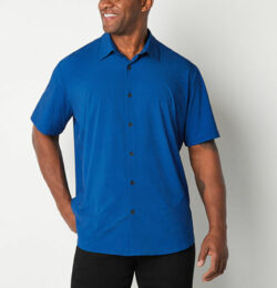 Shaquille O'Neal G Micro Print Big and Tall Mens Regular Fit Short Sleeve Button-Down Shirt, Medium Tall, Blue