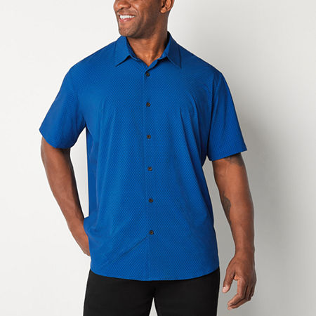 Shaquille O'Neal G Micro Print Big and Tall Mens Regular Fit Short Sleeve Button-Down Shirt, Medium Tall, Blue