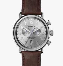 Shinola Men's Chrono Watch | Silver Dial + Brown Leather Strap | The Runwell 47mm