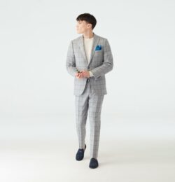 Indochino Men's Custom Keyford Windowpane Gray With Navy Suit Wool/Linen